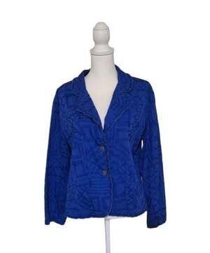 Art to Wear Blue Embroidered Jacket Cotton Tribal Geometric Blazer, Sz.2, L